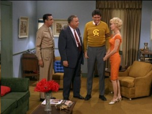 Med Flory's Monroe Efford was Gomer's formidable rival for Lou Ann Poovie's affections in this scene from "The Return of Monroe." Pictured here along with Med, Jim Nabors and Elizabeth MacRae is Tol Avery (aka Ben Weaver No. 2) as Lou Ann's father.