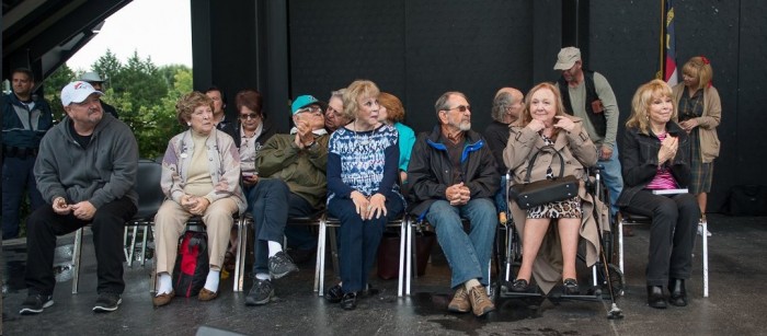 MAYBERRY ALL STARS--That's Ronnie Dapo at far left in the white cap, then Margaret Kerry, Ronnie Schell in the turquoise cap listening to Rodney Dillard, Maggie Peterson, Bruce Bilson, Clint Howard in profile, a wistful Betty Lynn and Barbara Eden. Photo by Hobart Jones.