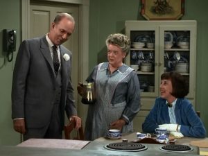 TASTE OF MAYBERRY--Ann Morgan Guilbert as Ella, who is enthralled by the big plans of Bradford J. Taylor (Jack Albertson) in "Aunt Bee's Cousin."