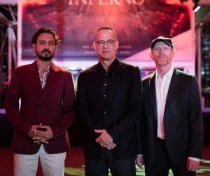 HOT TIMES--Ron Howard and Inferno stars Tom Hanks and Irrfan Khan on the red carpet at the ArtScience Museum at Marina Bay Sands resort in Singapore as they get an early start on publicity for their movie's release later this year.