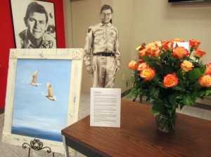 This photo is of the lobby of the Andy Griffith Museum the week after Emmett died. The Museum says this about the painting in the photo: “Cindi (Mrs. Andy) Griffith sent this painting by Lee Mims, a North Carolina artist, to Emmett before Christmas. To Cindi, the swans in the painting represent Emmett and Barbara Forrest– flying toward heaven.” Photo by Hobart Jones.