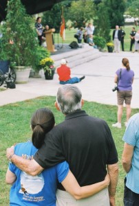 Emmett watching the Mayor’s Proclamation at the 2012 Mayberry Days with friend Tanya Jones, Executive Director of the Surry Arts Council and collaborator in creating the Andy Griffith Museum.