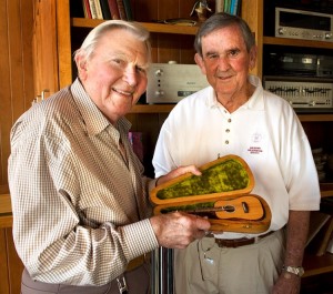 Andy presents Emmett with a miniature Andy Griffith Signature Martin guitar. Photo by Hobart Jones.