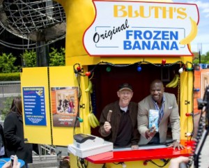 Ron Howard and actor Terry Crews promote “Arrested Development” in the iconic Frozen Banana Stand on the streets of New York in May.