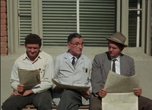 Arthur Malet as Purvis, pondering on a bench with Goober and Floyd  in "The Battle of Mayberry."