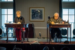 With snow out yonder windows, Maggie Peterson and Ronnie Schell rehearse Love Letters in Mount Airy.  Photo by Hobart Jones.