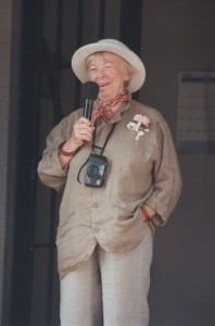 Mary Grace (properly adorned) speaking to the crowd at the Mayberry Squad Car Rendezvous in Bradford, Ohio, during the summer of 1997.