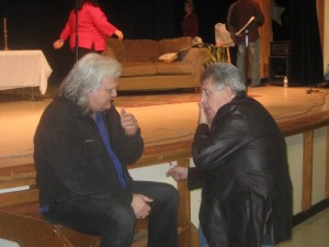 Rodney Dillard (right) visits with fellow bluegrass legend Ricky Skaggs following a performance of the Mayberry Christmas show in Mount Juliet, Tenn.