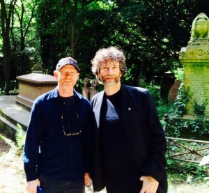 “WE WANT A GHOST STORY!”–Ron Howard tweeted this photo of himself with writer Neil Graiman, touring graveyards in London earlier this month.