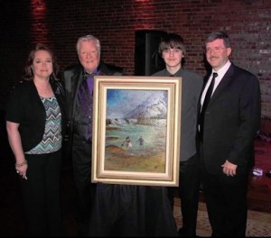 SHREWD CREW--Jan and Allan Newsome (far left and far right) with son Adam and James Best and the beautiful painting that James donated (and the Newsomes won) at the charity silent auction at the gala premiere of "Return of the Killer Shrews" in Bristol, Tenn., in 2012.