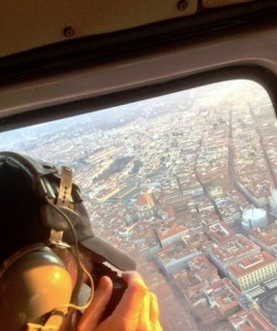 Ron Howard tweeted this photo of himself scouting" Inferno" camera shots from a helicopter over Florence, Italy. Follow Ron on Twitter @RealRonHoward.