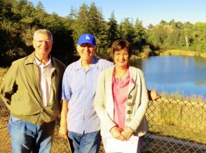 MEETING AT THE FISHIN' HOLE--Neil and Pat Coleman (left and right) of "Remembering Mayberry" chapter (Chillicothe, Ohio) are all aglow during a visit to Franklin Canyon Reservoir in L.A. with TAGS alum LeRoy McNees earlier this month. Photo by Janice McNees.