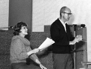 ACROSS THE YEARS--Marjorie Lord and Earle Hagen working on her narration and his orchestration for their 1962 album Claudia's Letter: The Authentic Letter Written by the Wife of Pontius Pilate.