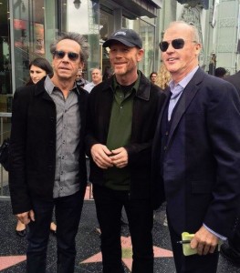 HOLLYWOOD STARS TREK--Ron is flanked by Brian Grazer and Michael Keaton at his Hollywood Walk of Fame ceremony.