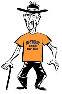 Mr. Weaver wearing Mayberry Orange and Blue T-shirt