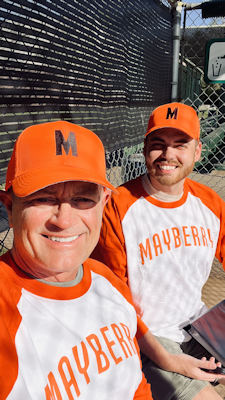 Mike & Codie at the filming location of "The Ball Game" in their Mayberry Giants ball cap and uniform.
