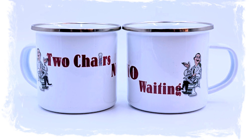 Two Chairs No Waiting Enamel Camp Mug